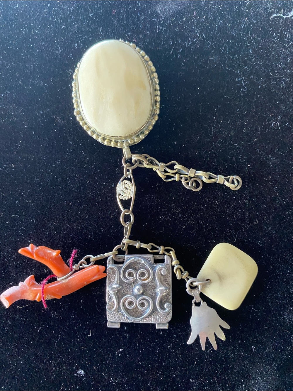 Vintage Charm Dangle Brooch with Coral and bone and silver drops